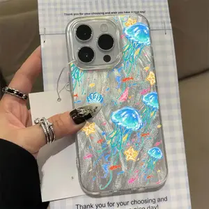 Vibrant Jellyfish Feather Cloth Phone Case for iPhone 17/16/15/14/13/12/11 Pro Max/Pro/Plus/Air TPU PET Scratch-Resistant Shockproof Slim Fit Colorful Protection Cellphone Casing