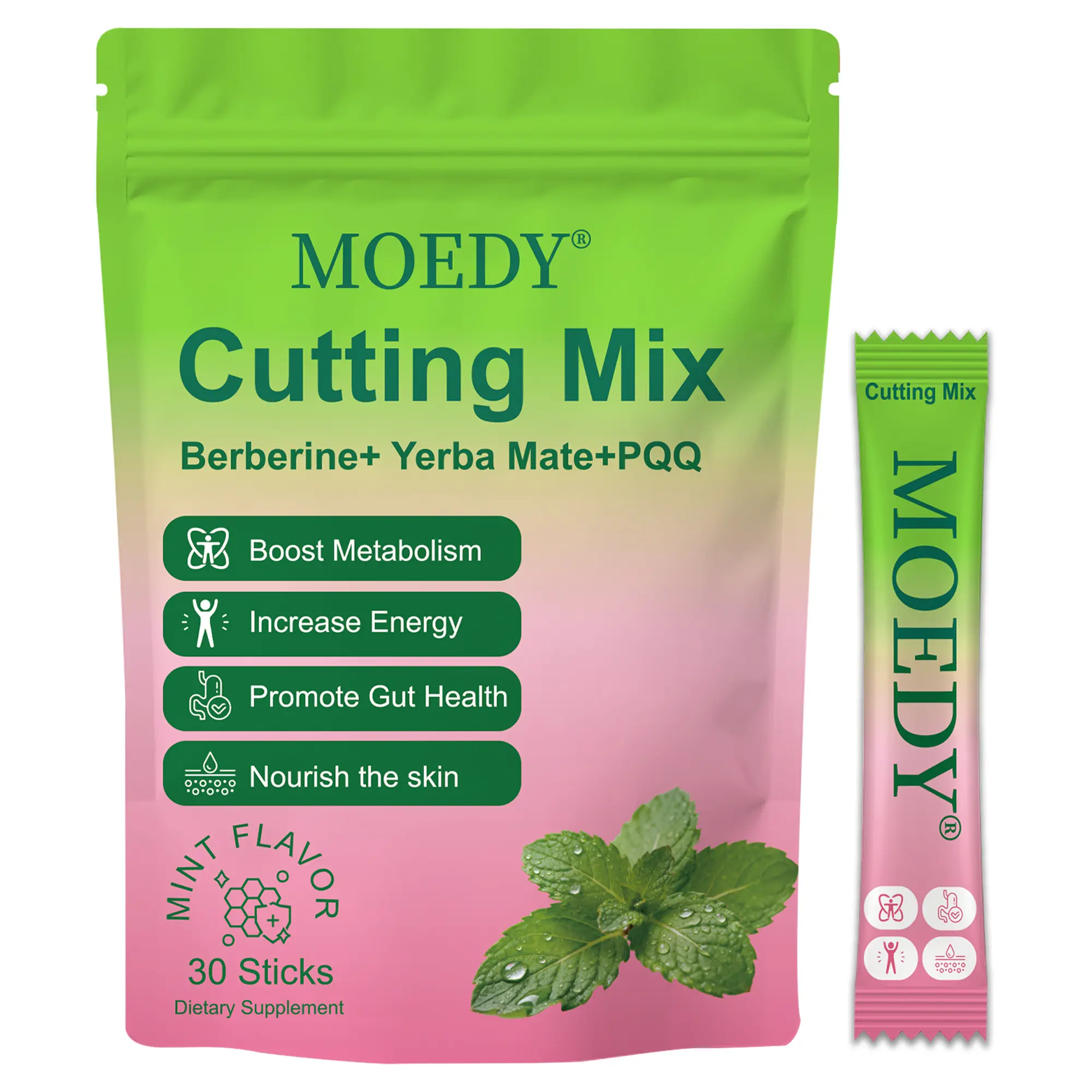 MOEDY Natural Dietary Fitness Supplement Cutting Mix - Berberine + Yerba Mate + Mint for Gym Goals, Metabolism & Energy Support, 30-Stick Drink