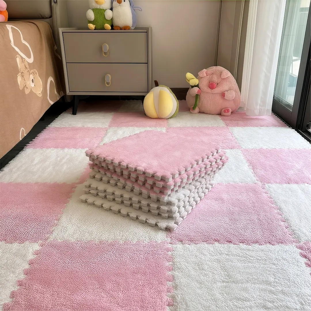12pcs Carpet Squares Puzzle Floor Mat, Plush Fluffy Rug Interlocking Carpet Tiles, Anti Slip EVA Foam Jigsaw Floor Tiles, Build A Safe Area for Bedroom Playroom, Interlocking Mats, Non Slip Rugs