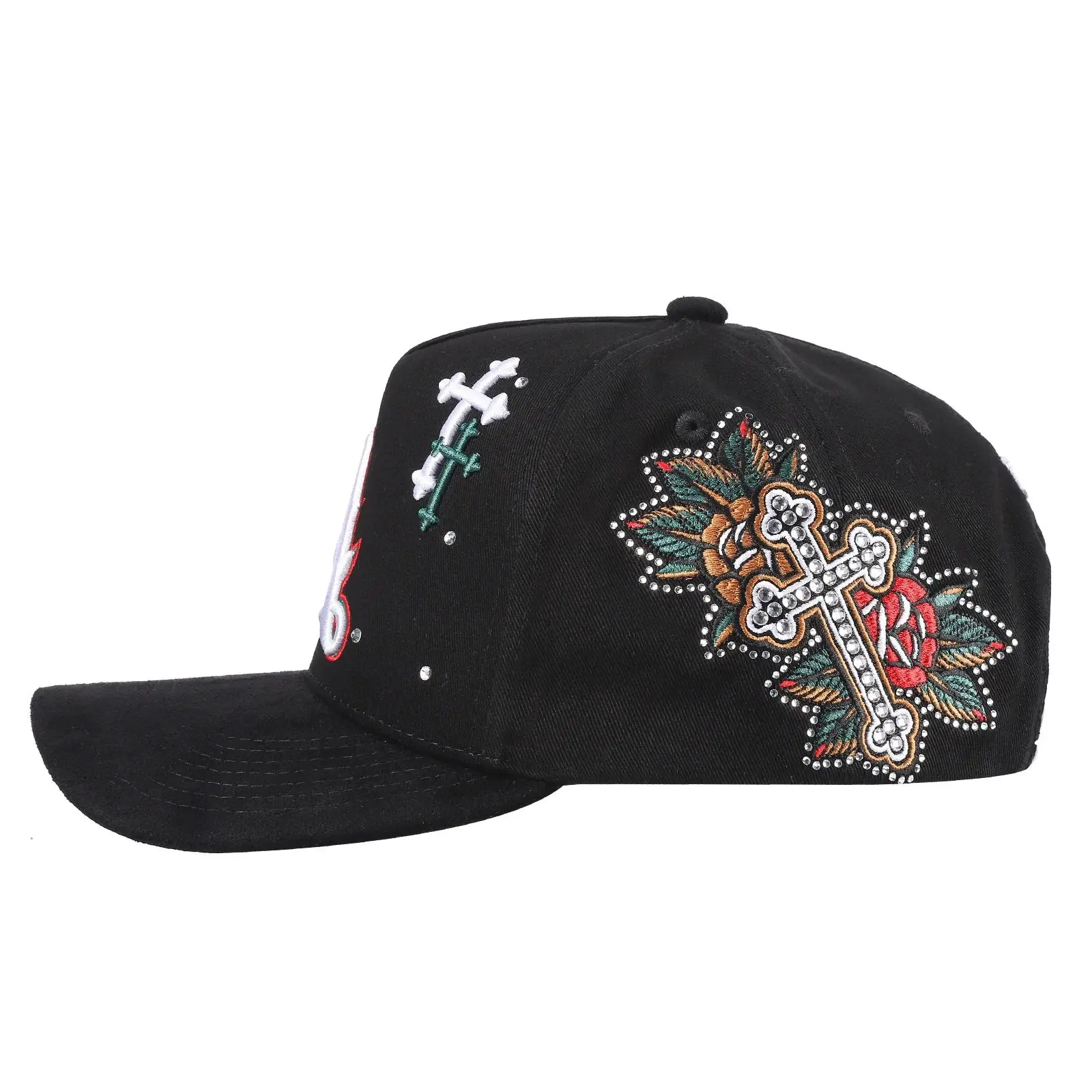Polyester Hat - Oversized LA Lettering Front, Scattered Embroidered Crosses, Rhinestone-Accented Side Floral Cross Patches, Bold Heritage-Style Streetwear Statement Piece Classic Black Hat, Rhinestone Hats, Cross Print Hats