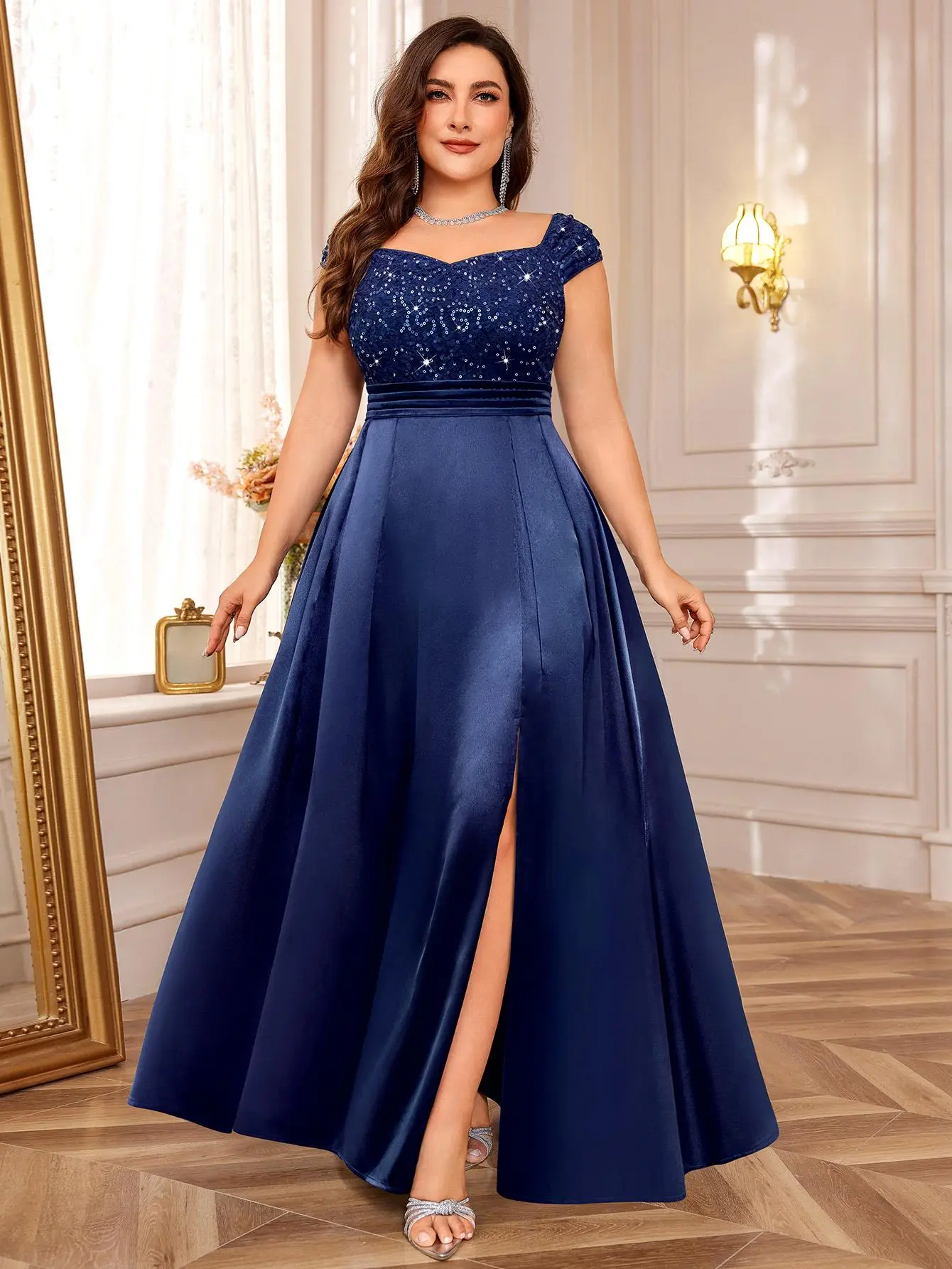 missmay 【Plus Size】P54362A Women's Plus Size Elegant Formal Gown, Off-Shoulder A-Line Evening Dress with Sequin Lace Bodice, Satin Skirt and Side Slit, Formal Dresses, Elegant Dresses For Women