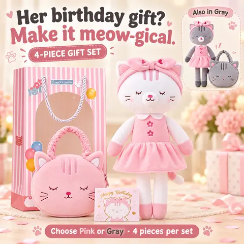 2pcs Pink Kitty Plush Doll & Handbag Gift Set, Soft Cuddly Stuffed Animal for Girls 0-6 Years, Perfect Birthday Present, Christmas Holiday Gift, Toddler Stocking Stuffer & Meow Party Keepsake Decor