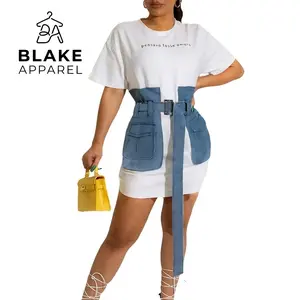 Women's Denim Graduation Dress - Sewn Belt, Casual Loose Short-Sleeve, White/Black Color Options for Casual Wear, Graduation Dress For Women