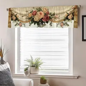 Beige retro rose pattern short curtain, kitchen coffee curtain, 2D flat printing, used in kitchens, porches, entrances, and partitions