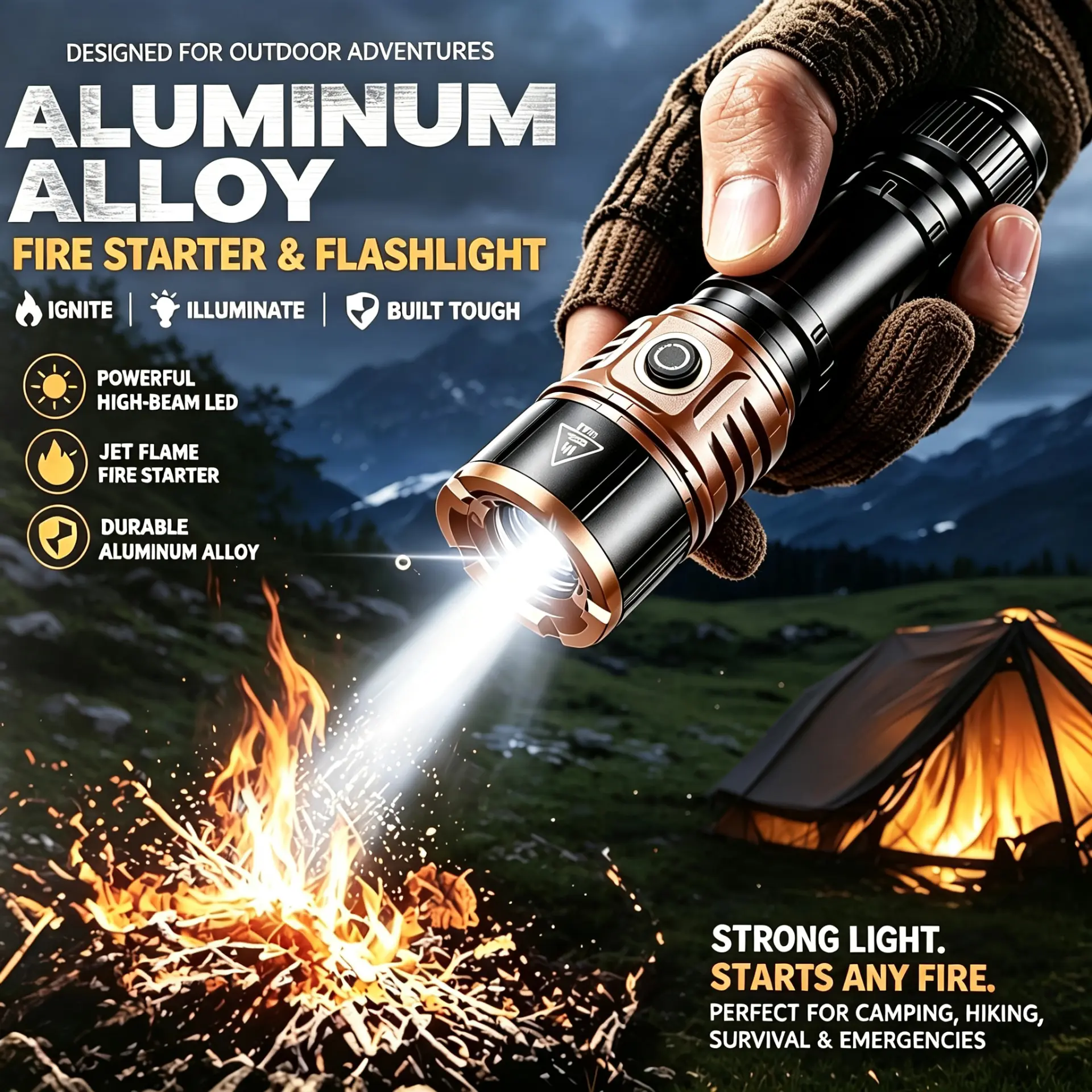 Ultra-bright outdoor LED flashlight that can ignite flammable materials; aluminum alloy flashlight | Handheld rechargeable tactical flashlight equipped with a 21700 lithium battery, ultra-long runtime, focusable lens for ignition function, extremely high