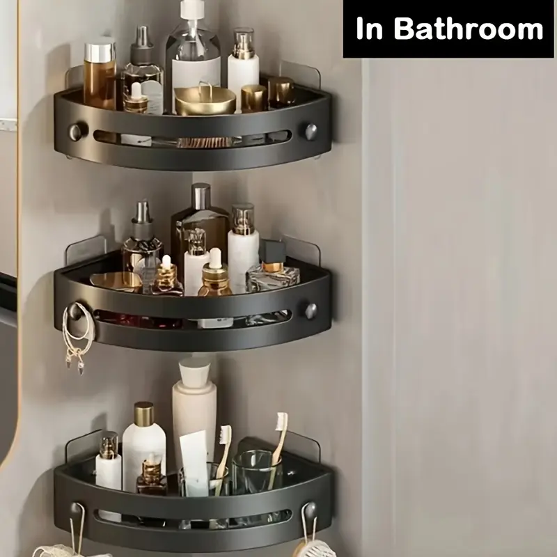 3pc triangular bathroom wall mounted storage corner rack, shower basket, non perforated shampoo and shower gel rack, cosmetics storage rack, Bathroom Accessory, bathroom organization, bathroom supplies