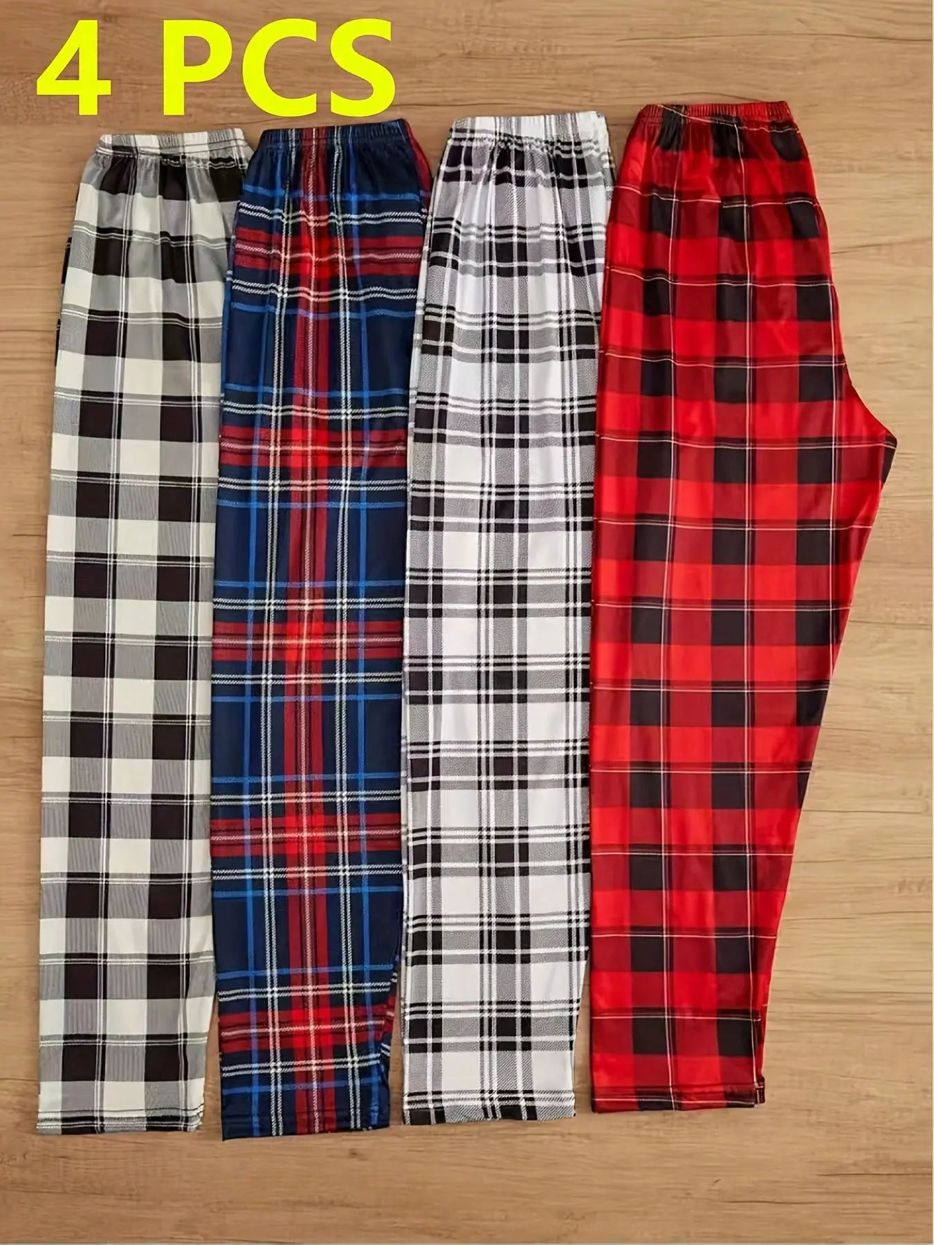 4PCS Men's Plaid Print Drawstring Waist Pajama Pants,Casual Soft Comfortable Polar Fleece ElasticWaist Loungewear Trousers for Fall & Winter,Warm Men's Bottoms for Daily Wear