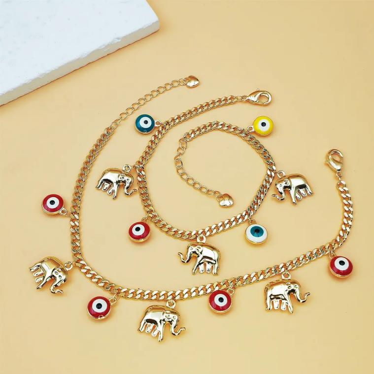 Gold Evil Eye Bracelet Women Elephant Charm Adjustable Protection Lucky Jewelry