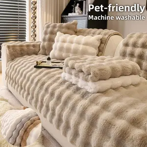 Faux Fur Sofa Cushion Cover, 1 Count Thick Warm Bubble Plush Couch Cover, Pet Friendly Non Slip Sofa Mat, Machine Washable Beige Cream Sofa Blanket for 1 2 3 4 Seater or L Shaped Sectional, Neutral Living Room Furniture Protector, Soft Sofa Protector