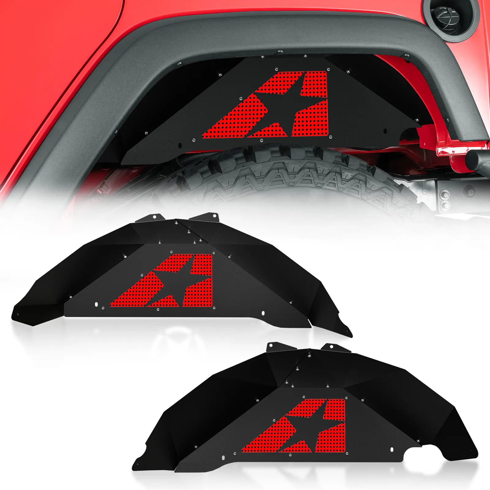 【YZONA】Rear Inner Fender Liners (2 PCS) for 2007-2018 Jeep Wrangler JK, JKU & 4xe Models (2/4 Doors), Alloy Steel Mud Guards with Slanted Star Logo, 11x6x29" Wheelwell Covers, Debris-Gravel Shield, Assembly Required with Detailed Instructions
