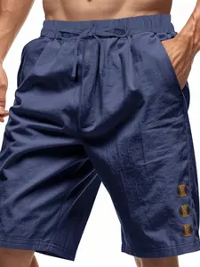 Men's Summer Casual Five-Quarter Gym Shorts, Side Buckle Design, Drawstring Elastic Waistband, Suitable for Beach, Daily Use, Travel