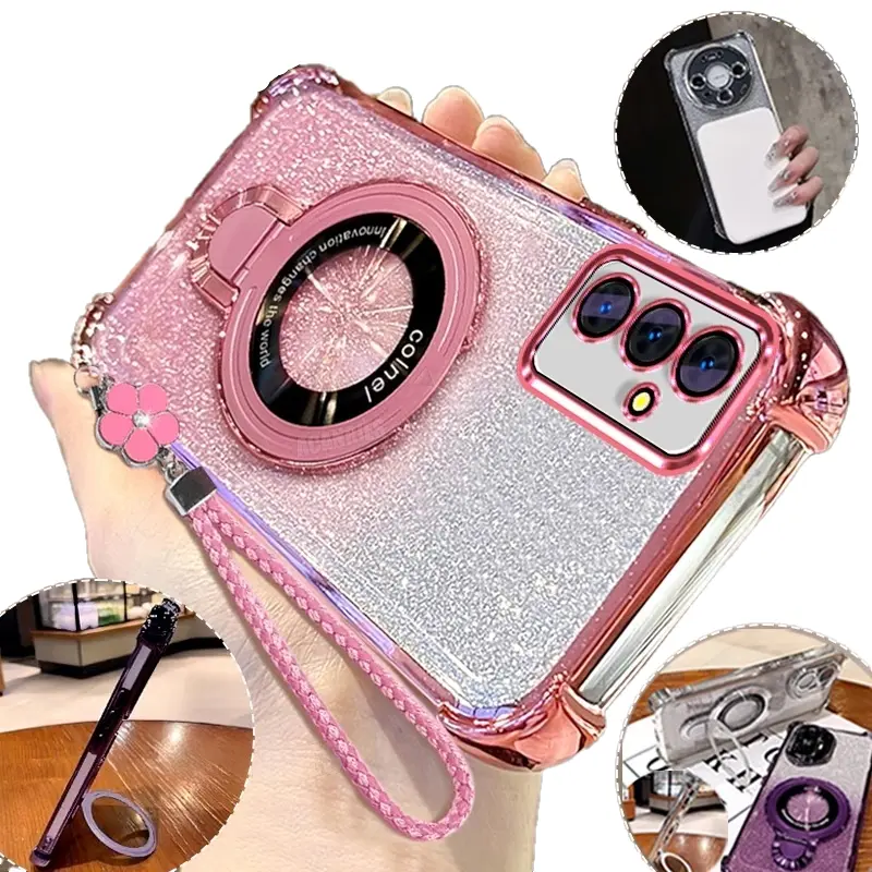 Fashionable luxury electroplated phone case with magnetic stand and drop protection, compatible with Samsung Galaxy S26 Ultra/S25 FE/S25 Edge/S24 Plus/S23 FE series, featuring a lanyard and glitter card gradient design; great gift for girls.
