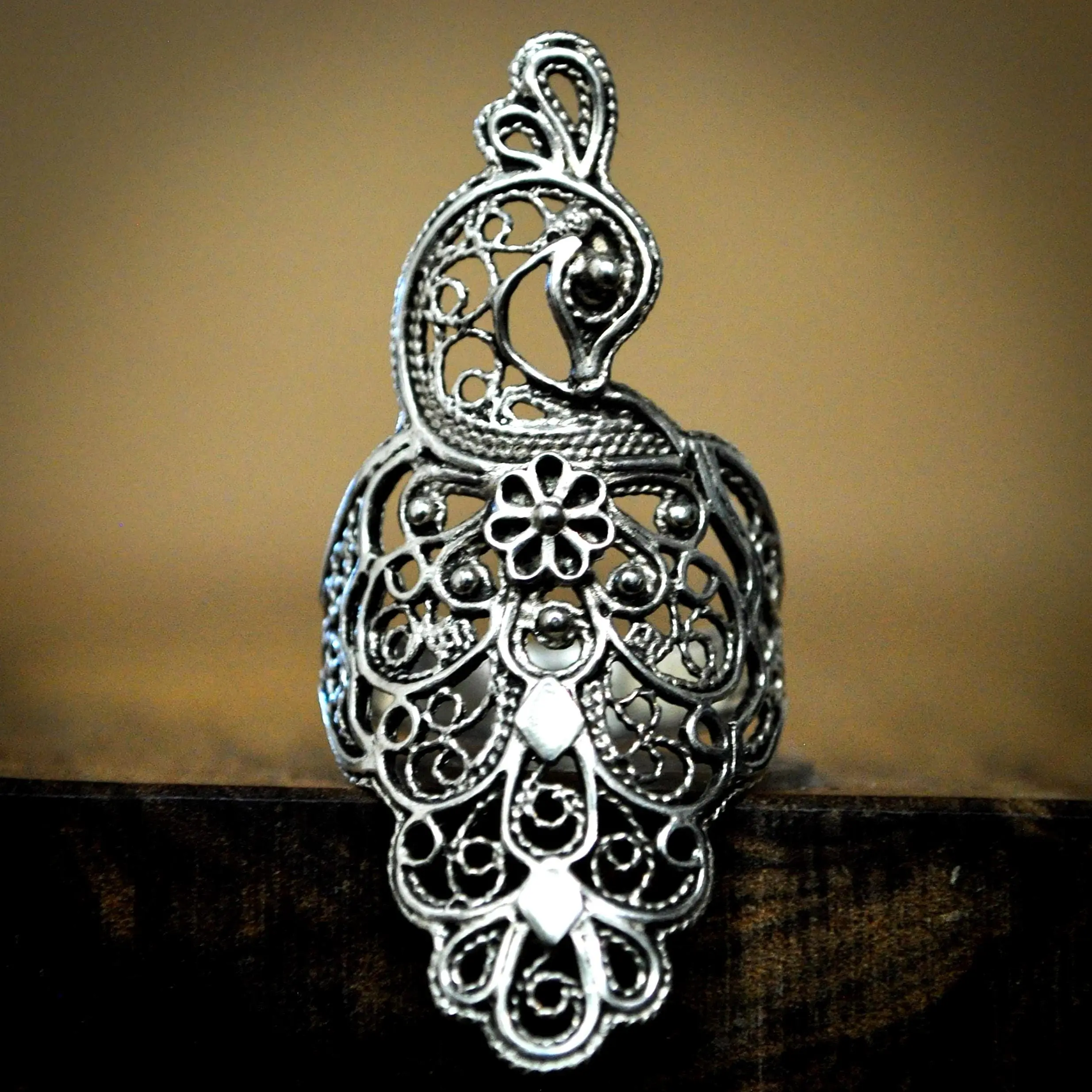 Handcrafted Turkish Filigree Peacock Statement Ring in 925 Sterling Silver - Intricate Large Peacock 925 Sterling Silver Statement Ring Size 10
