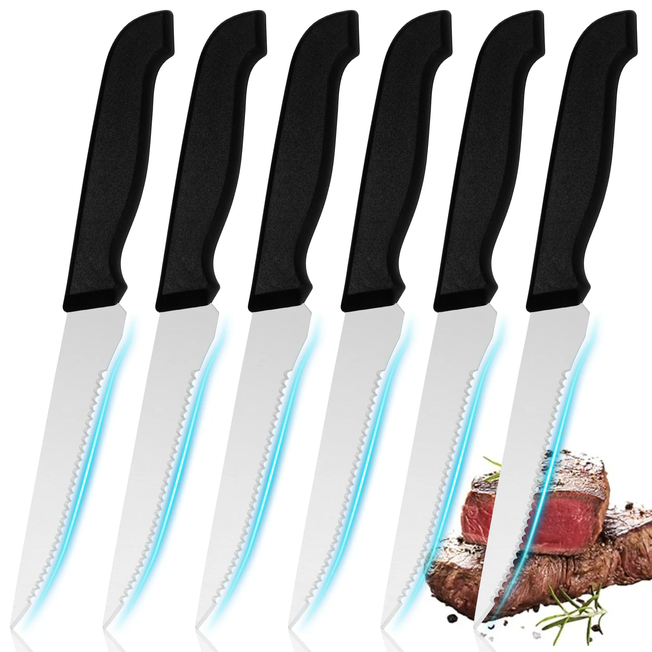 6-piece steak knife set, high-carbon stainless steel steak cutter, with anti-sticking ergonomic ABS handle, kitchen and restaurant tableware set-serrated steak knife, rust-proof and portable, suitable for barbecue, camping and indoor use, is a good gift.