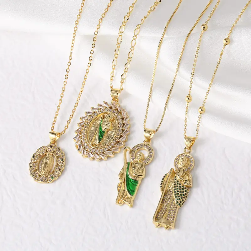 [FLAME] 18K Gold Plated Our Lady of Guadalupe Necklace, Virgin Mary Pendant with Green CZ & Clear Zirconia, Catholic Religious Jewelry for Women, Christian Faith Gift, Hypoallergenic Tarnish Resistant, Daily Wear