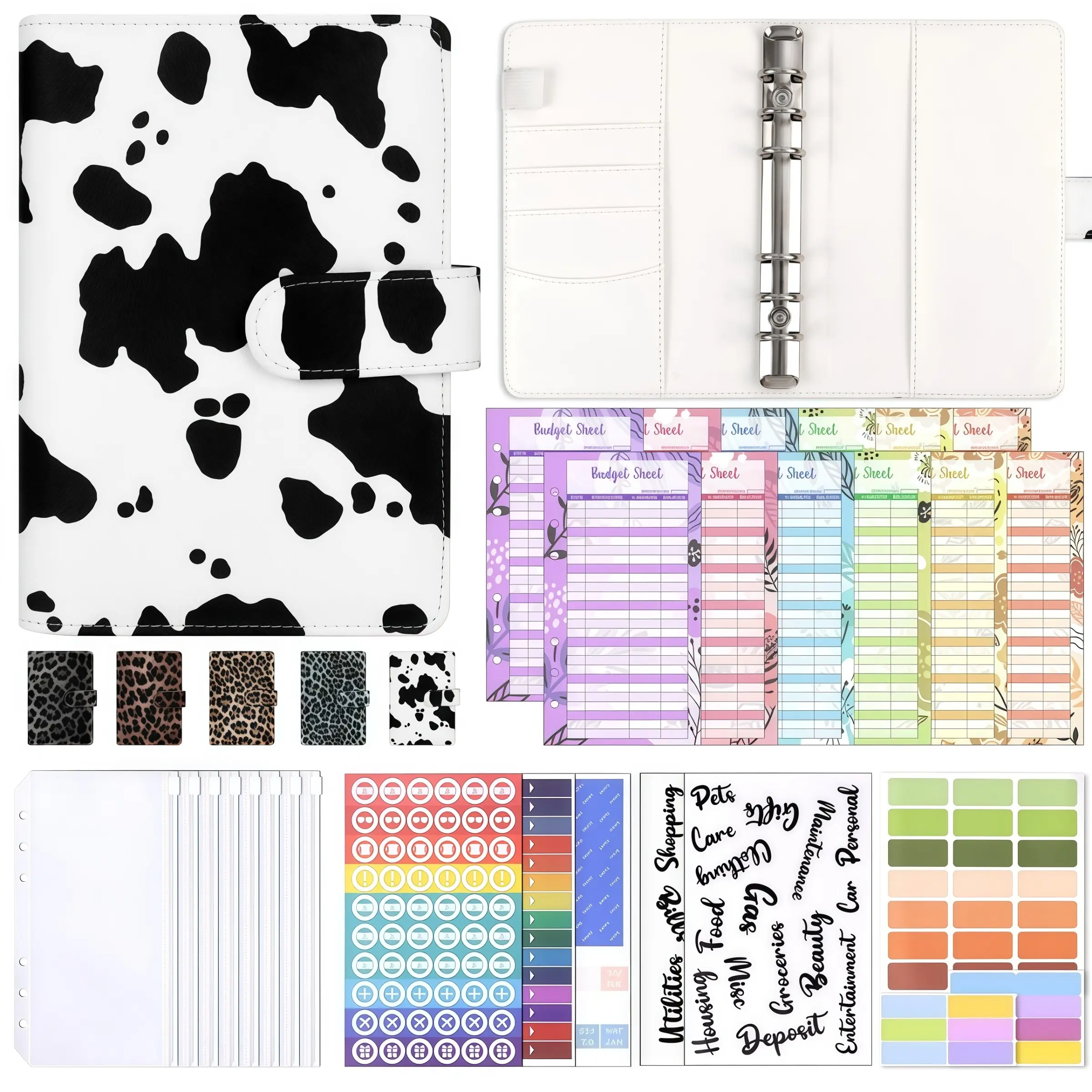 A6 Cash Budget Folder, PU Leather Money Saving Folder with Cash Envelope, Budget Sheet, Stickers, Printable Budget Planner Organizer, Planner Binder, Monthly Bill Organizer