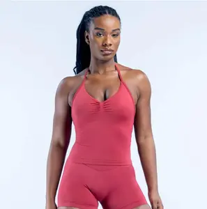 Unisex 2-Piece Light Blue Halter Strap Fitness Wear Set - Front Ruching Cami Top & High Waist Leggings, Silky Nylon Spandex, Breathable Moisture-Wicking Sporty Outfits for Yoga, Workout Seasons