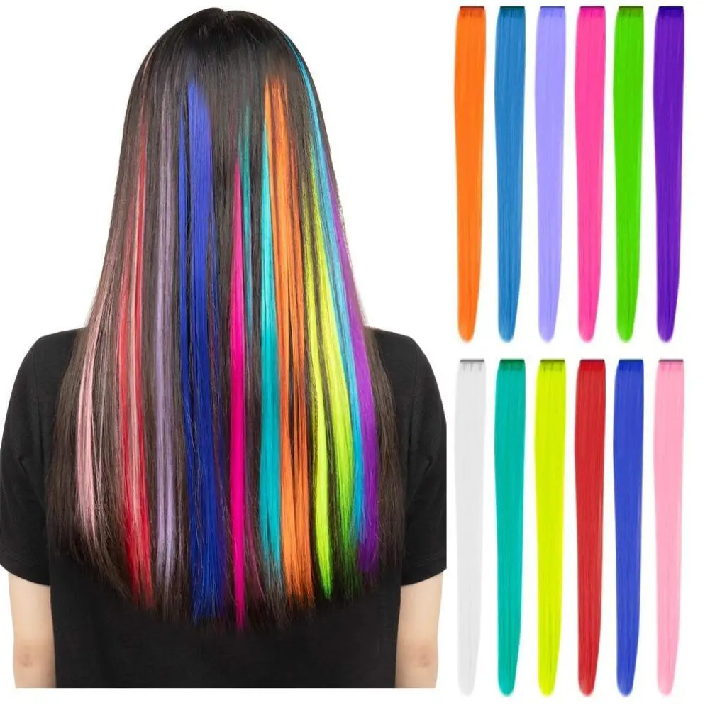 Female Soft Silky Straight Clip Hair Extensions, 12 Pcs 22-in Synthetic Colored Hair, 160°C Curl Ready Heat-Resistant Fiber for Party Highlights