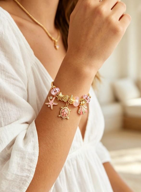 Pink Ocean Turtle Starfish Shell Charm Bracelet, Shiny Gold Adjustable Snake Chain Bangle with Pink Crystal Beads, Dainty Beach Holiday Jewelry Gift for Women Girls