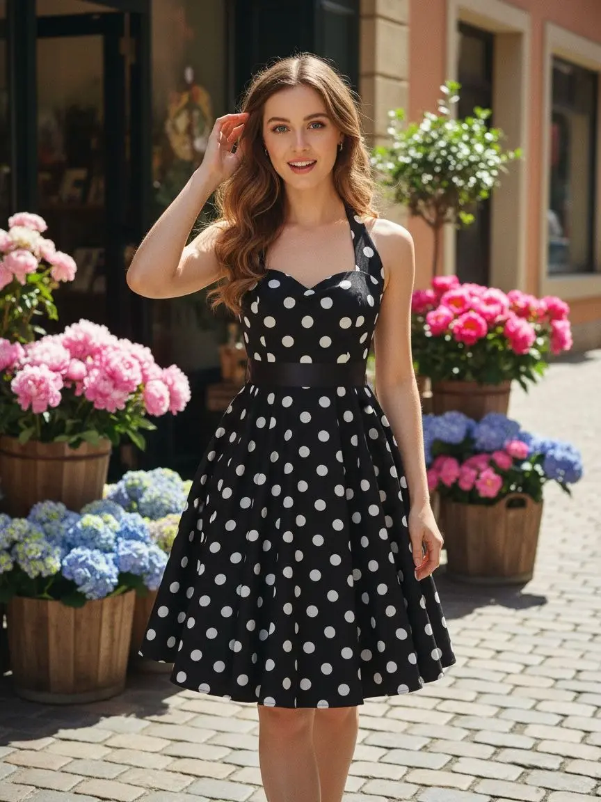 RETRO STAGE Women's 1950s Vintage Polka Dot Halter Neck Sleeveless A-Line Dress - Bare-Shoulder, Bow Accent, Flared Skirt, Feminine Aesthetic, Ready to Wear - Valentine's Day, Summer Casual Outfits, Polka Dot Dress
