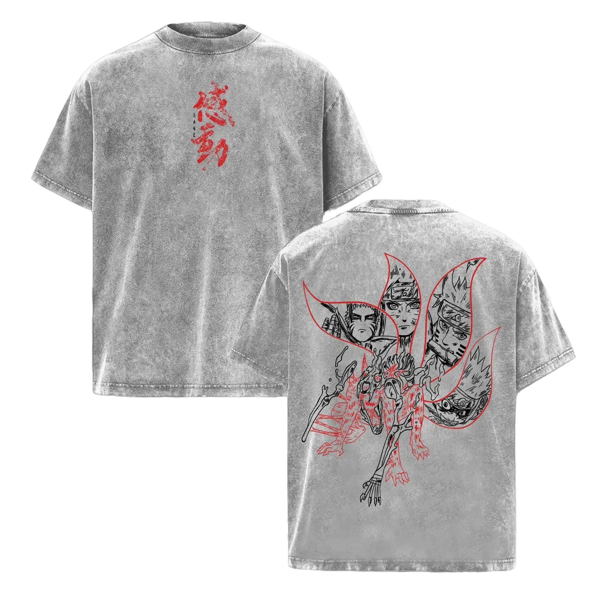 Naruto Kurama Sharingan T-Shirt – Vintage Washed Naruto Inspired Tee, Nine Tails Fox Anime Graphic Shirt, Oversized Soft Cotton Streetwear, Unisex Casual Apparel, Gift for Anime Fans