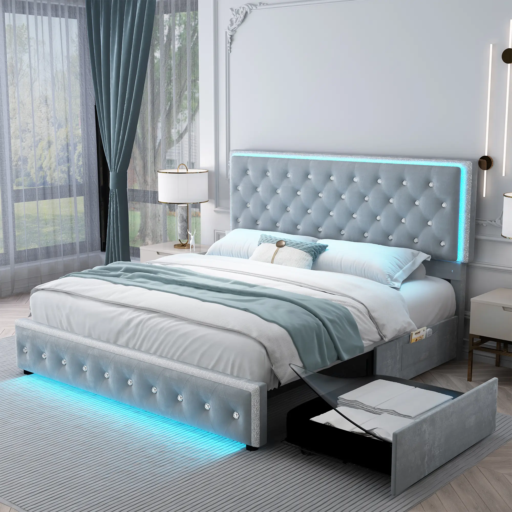 [Summerwins] SIBEDS Queen LED Platform Bed Frame with 2 Storage Drawers, Adjustable Crystal Tufted Headboard, PU Leather & Velvet Upholstery, Noise-Free Solid Slats, No Box Spring Needed, Easy Assembly, Modern Design