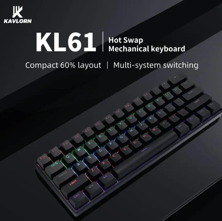 KAVLORN KL61 60% Hot Swappable Mechanical Keyboard, 61 Keys RGB Backlit Wired Gaming Keyboard, Blue Switch PBT Keycaps, Compact Mini Keyboard for PC Mac Laptop Gamers