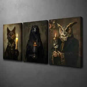 2D flat painting, 2D flat painting, 3-piece framed canvas wall art, wooden frame canvas print decorative painting, candles, dark style, animal abstract art, home decoration painting, Halloween decoration, gothic style, interior home wall decoration art