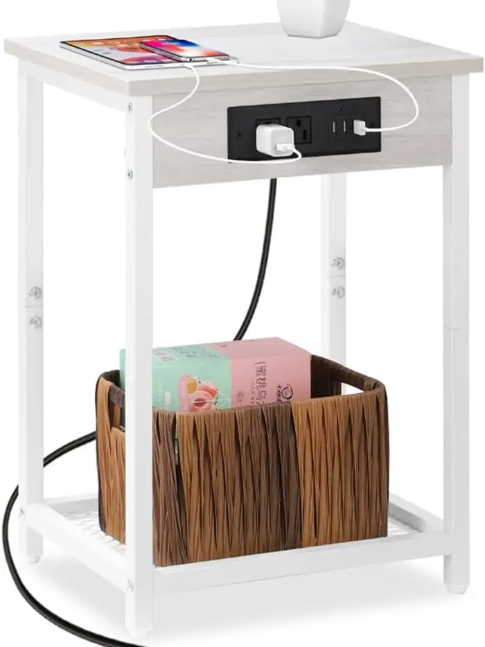 Modern White Compact Iron Frame End Table - USB+AC Charging Station, Space Saver Nightstand, Multi-Functional Side Table for Bedroom, Living Room