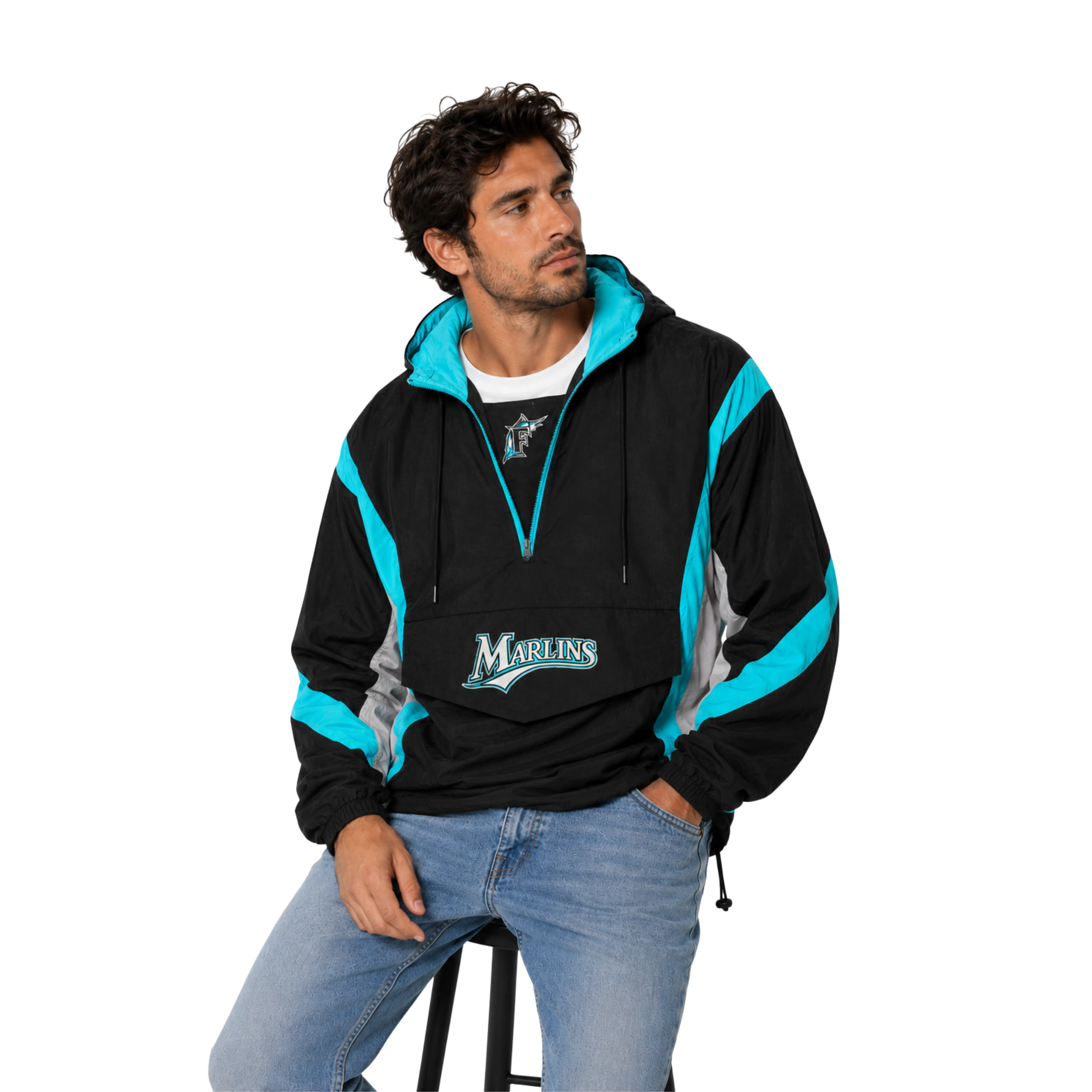 Vintage Florida Marlins Black & Teal Pullover Windbreaker Jacket