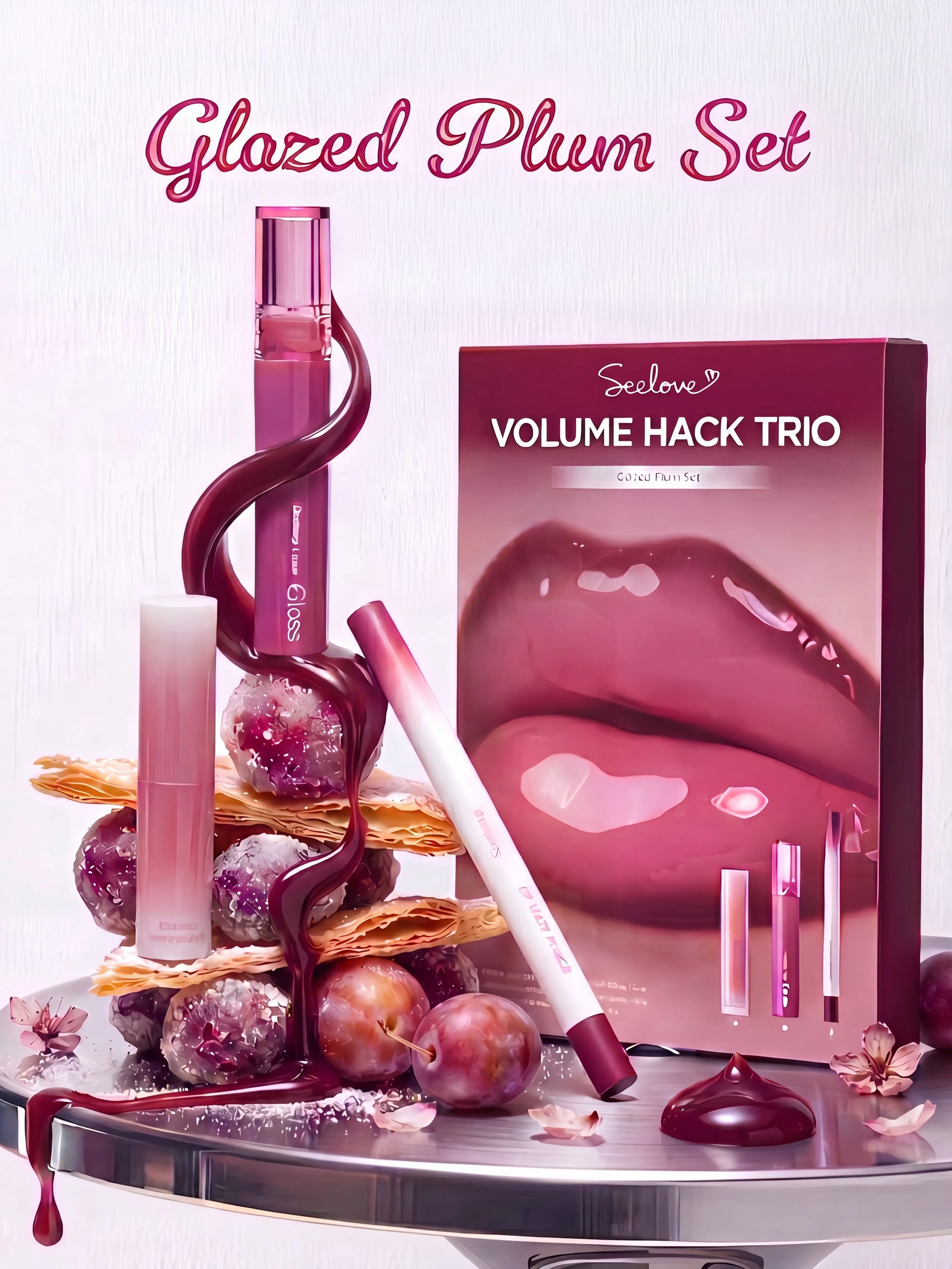 Volume Hack Trio Sweet Fig Set |  Lip Combo for Plump, Hydrated & Glossy Lips | 3-in-1 Kit (3 Shades, Lip Mate Pencil 0.5g, Melting Balm 3.5g, & Color Gloss 4g)