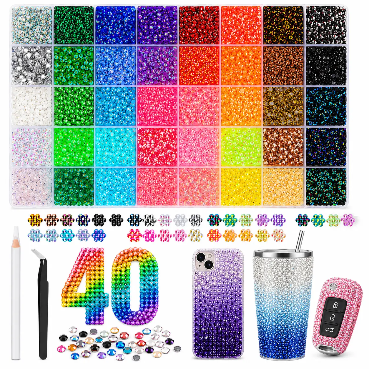 40 Color with 40000Pcs Jelly Rhinestones synthetic beads With Kit for Bedazzling 3mm Multicolor synthetic beads Resin Flatback beads for Art Bedazzler Kit,Nail Art,Caps,Phone Cases,Tumblers,Book Covers & DIY Crafts Nails Glam Pack Glitter party gift