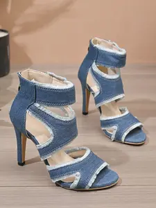 New Denim Fringe Hollow Out High Heel Women Sandals, Summer Open-Toe Multi-Strap Anklet High Heels, Perfect for Parties and Daily Wear