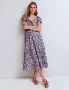 Women's derss Purple Floral Puff Sleeve Midi Dress Cottagecore Summer Sundress