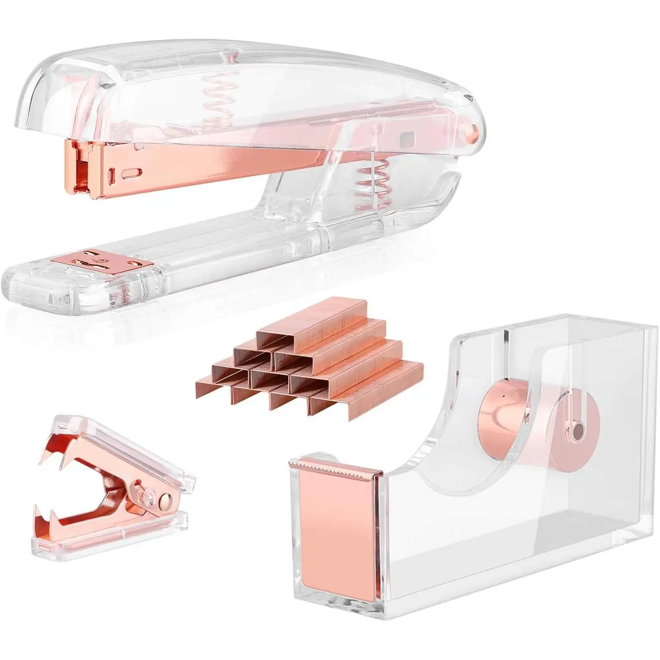 Rose Gold Acrylic Desk Accessory Kit - Copper-Plated Stapler Set, Tape Dispenser, Staple Remover, 1000pcs 26/6 Staples for Home & Office Use, Copper-Plated Surface