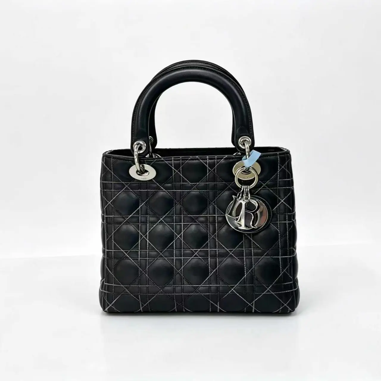 Pre-owned Dior Black Cannage Lambskin, Silver Finish Metal Medium Lady Bag