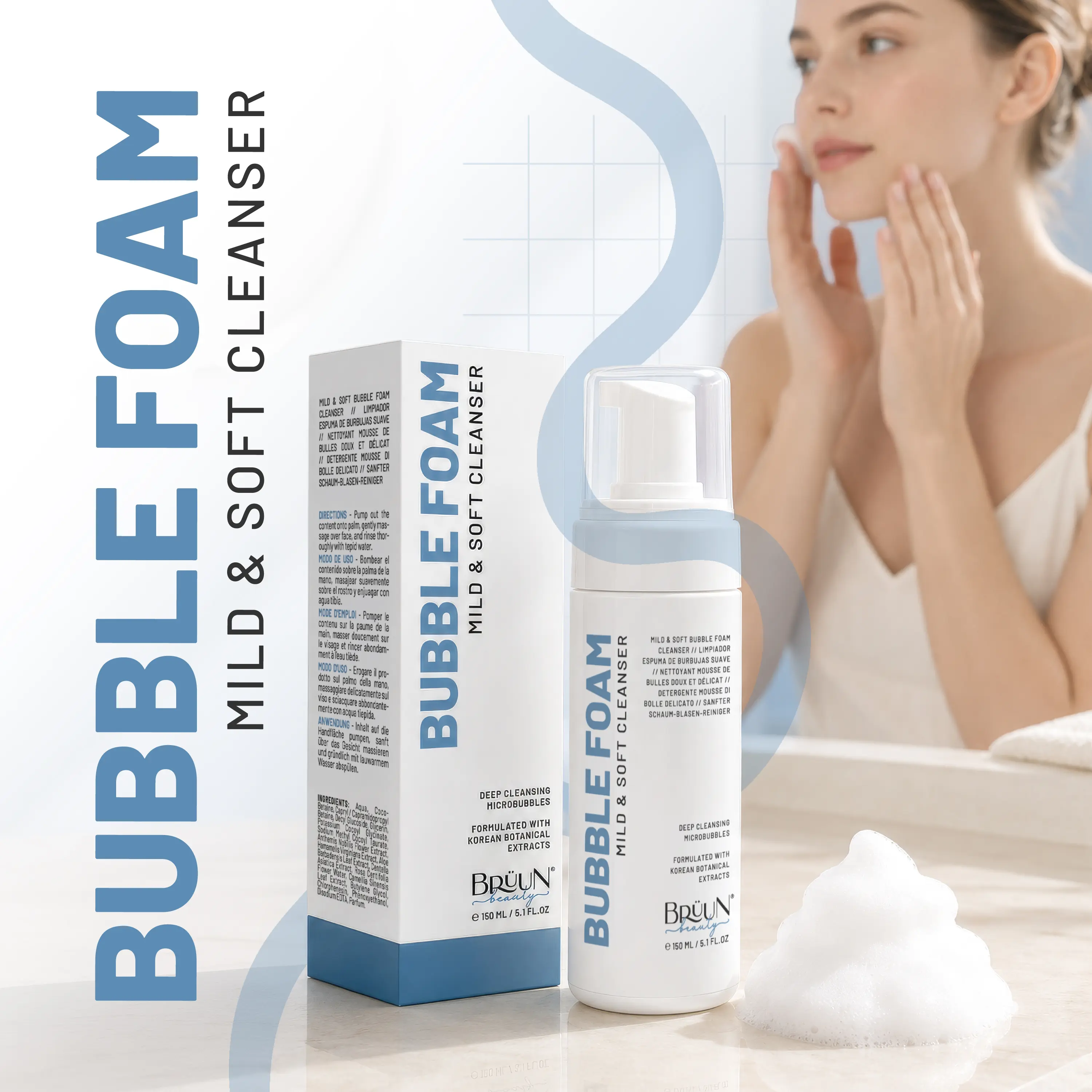 BRÜUN Bubble Foam Cleanser 150ml - Korean Foaming Face Wash - Gentle Facial Cleanser for All Skin Types - PMU Aftercare & Daily Use