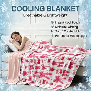 Sweet bowknot cherry print double-layer cooling blanket, ultra-soft cool summer cooling blanket, comfortable lightweight breathable skin-friendly physical cooling blanket for bedroom and sofa, air conditioing blanket, bed blanket