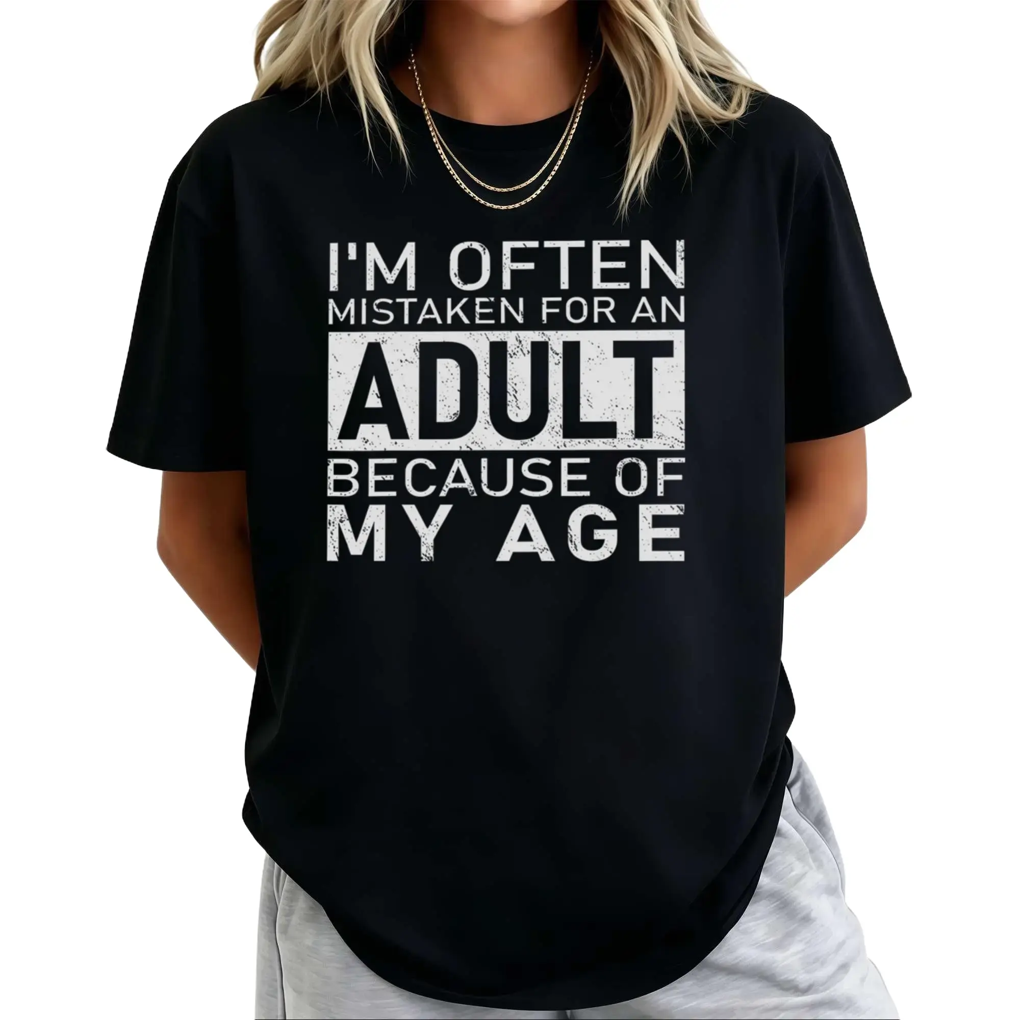 Men's Baggy Relaxed Cut Cotton Sublimation Graphic Short-Sleeve O-Neck Backless Tee - Sports Casual Top with "I'm Often Mistaken For An Adult Because Of My Age" Print, Personalized Versatile Fabric