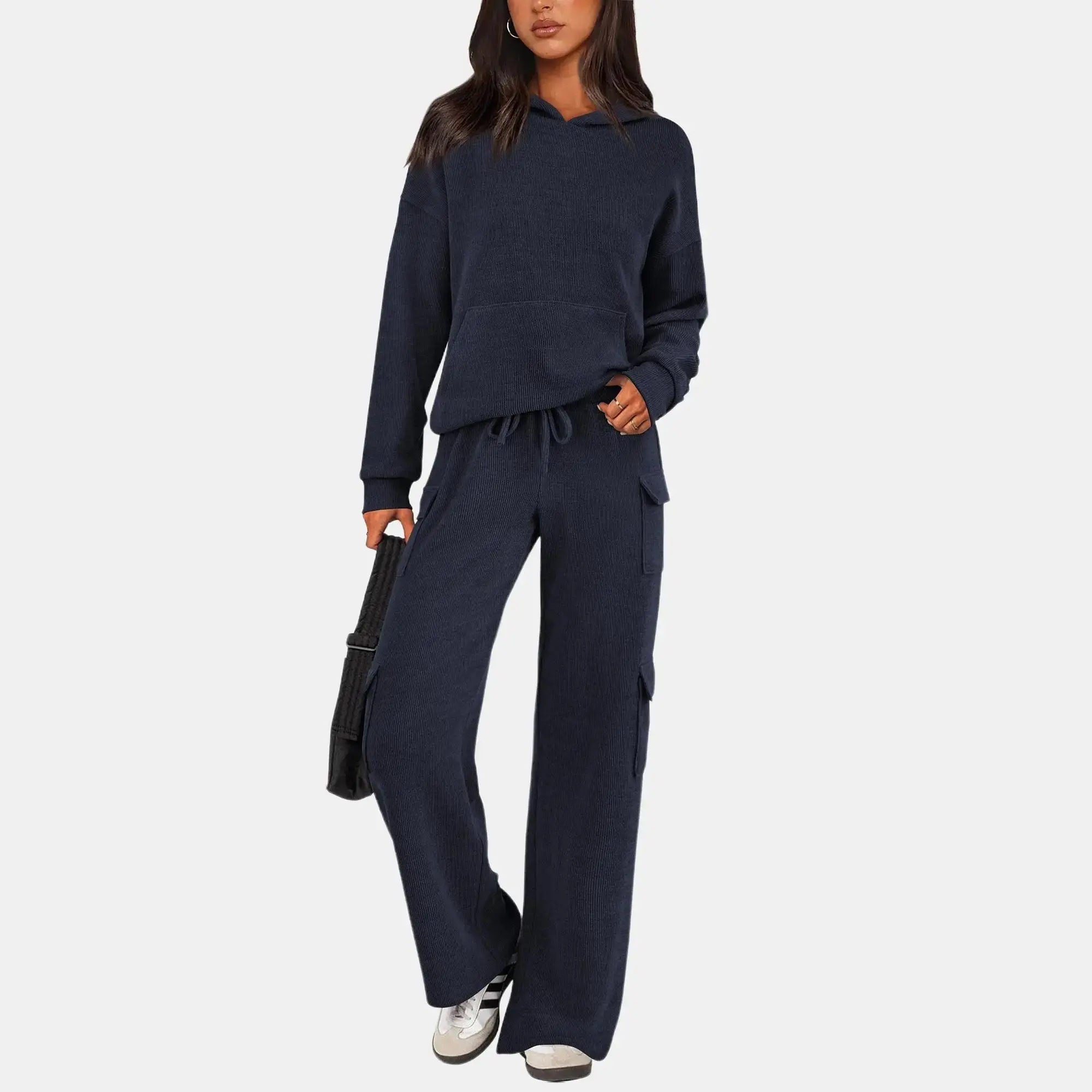 PRETTYGARDEN Women's Navy Blue 2-Piece Knitted Sets Hoodie & Wide Leg Pants with Pockets Drawstring Long Sleeve Loungewear Tracksuits Basic Fitted Clothes