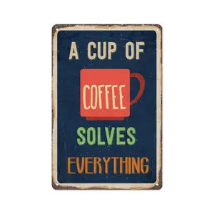 "A Cup Of Coffee Solves Everything" Vintage Metal Sign, 8x12 Inch Coffee Lover Wall Decor for Kitchen & Cafe