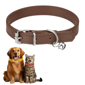 PETAXCELL Dog Collar with Bell, Pu Leather Cat Collars Pet Basic Soft Padded Adjustable Buckle, 14.5" (Brown, 1pcs), Intended for Teacup / Little Dog / Kitten Cats / Small Animals