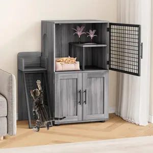 Garvee Villa Style Wooden Cat Litter Box Enclosure with Double Layer Hidden Cabinet, Platform & Ladder, Ideal for Living Room or Balcony, Available in Waxed Wood Finish, Antique White, and Grey