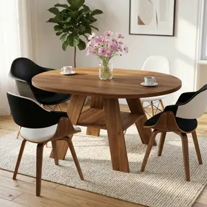 HIPIHOM Modern Extendable Round Dining Table, Space-Saving Round to Oval Design with 2-Tier Storage, Stable A-Frame Legs, Seats 4-6, Natural Wood Grain Scandi Style, Perfect for Small Apartments & Aesthetic Nature Home Decor