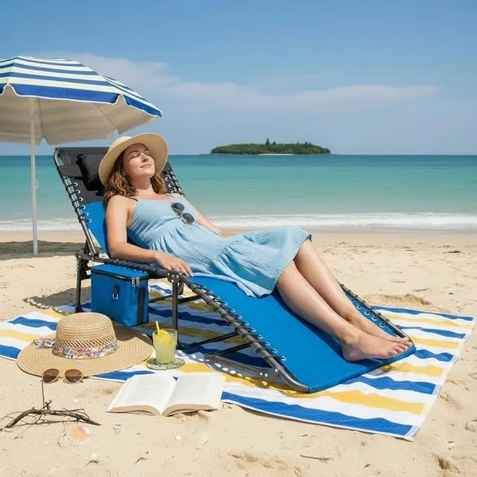 5-Position Adjustable Outdoor Chaise Lounge, Foldable Portable Tanning Chair with Side Pocket, Pillow & Carry Handle for Pool, Beach, Camping & Patio
