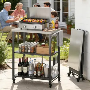 ONBRILL Folding Outdoor Grill Table, Movable Grill Cart with 2 Locking Wheels, Portable Stainless Steel 3-Shelf Pizza Oven Table with Hooks for BBQ, Party, Camping, Home Kitchen, Black Collapsible Wagon Smooth