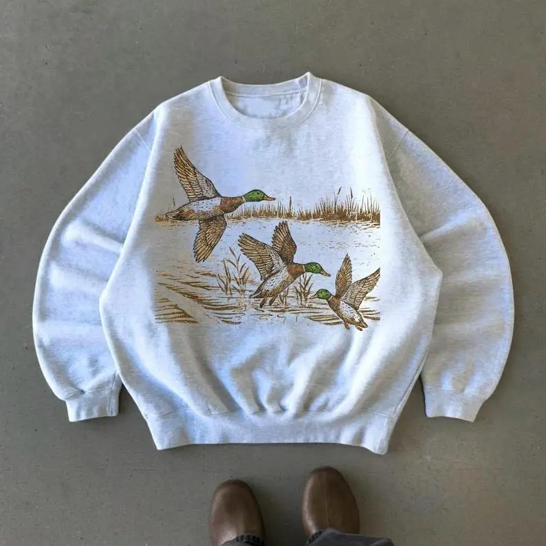 Women's Retro Mallard Cotton Heavyweight Sweatshirt - 90s Vintage Fitted Long Sleeve Round Neck Casual Clothes, Boho Earthy Girl Unisex Cabincore Rustic Women's Clothing Top