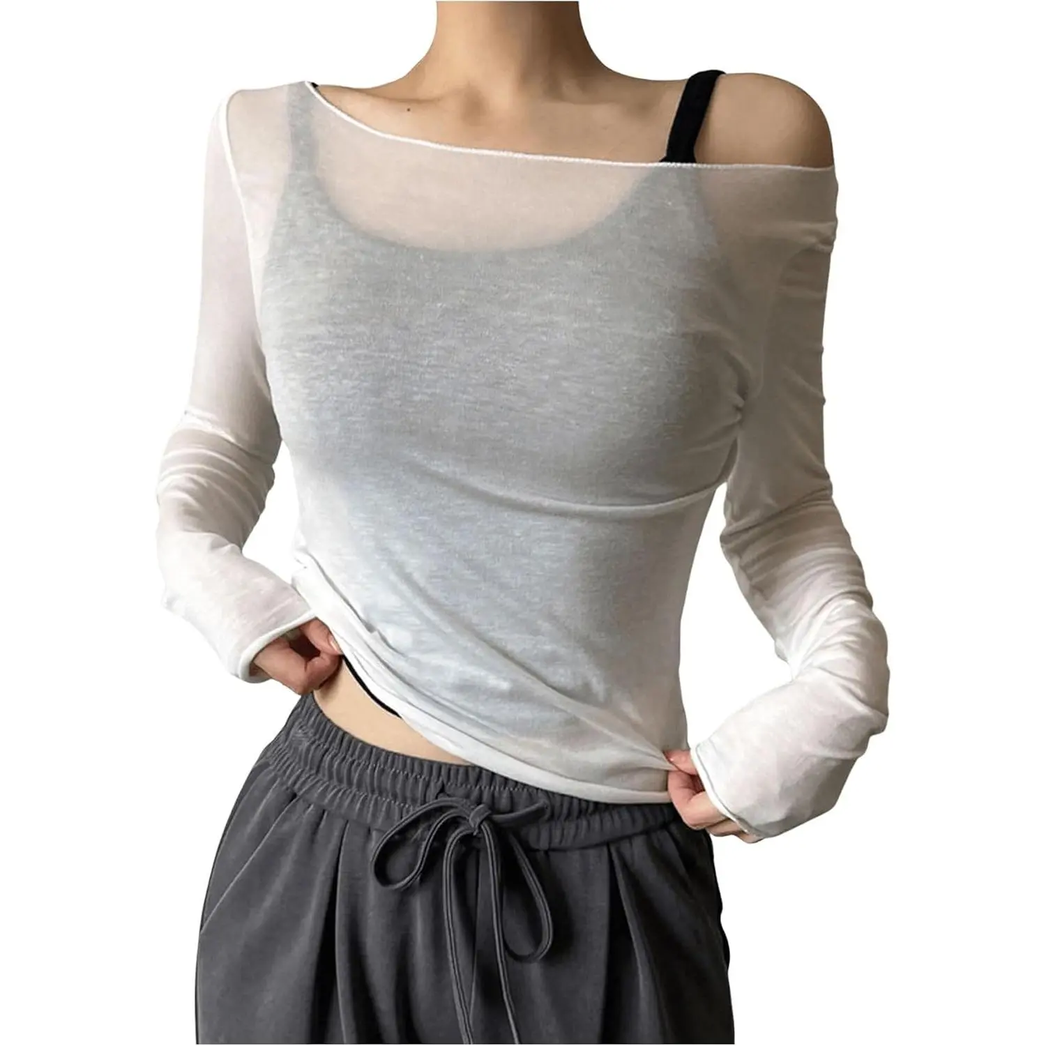Women's Off-The-Shoulder Blouse in Sheer Mesh Material, Dark Blue See-Through Top with Longsleeves for Party Club Wear, Clothes, Accessories