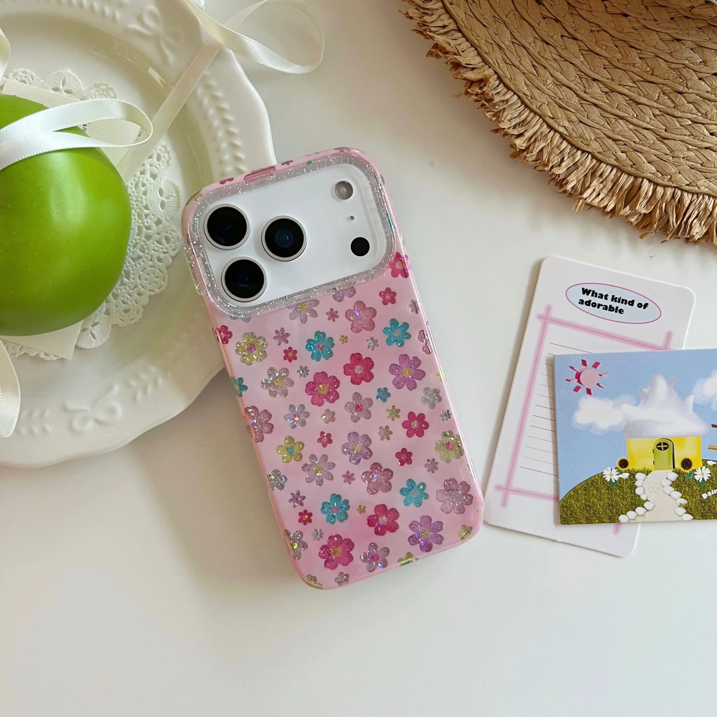Cute Phone Cover for iPhone 15-18 Pro Max, Pink Diamond Flower Print, Lightweight Soft Case, Shockproof Anti-Drop Phone Protector Compact Accessory