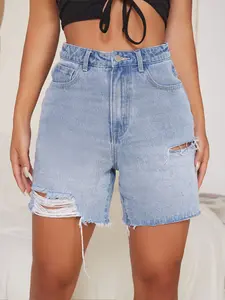 American Vintage Ripped Light Wash Denim Shorts High Waist Slimming Mid-Thigh Pants, Casual Fashion for Women, Comfortable and Stylish